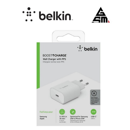 Chargeur USB C BELKIN 25W USB-C pour samsung et apple Blanc